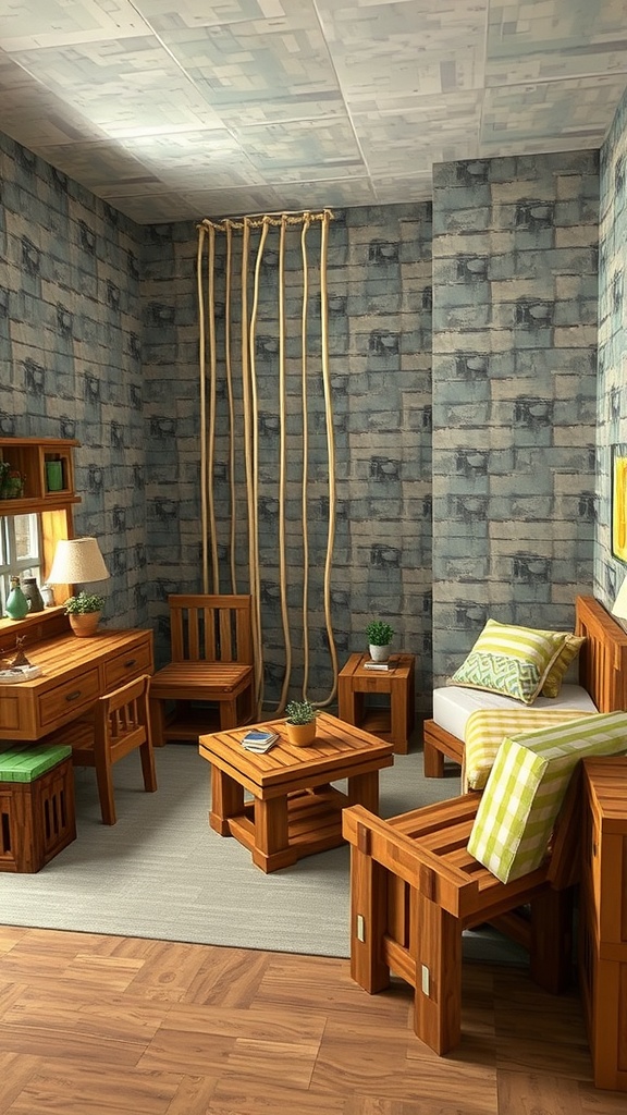 A cozy Minecraft-inspired bedroom featuring crafted wooden furniture including chairs, tables, and a sofa, with decorative plants and colorful cushions.