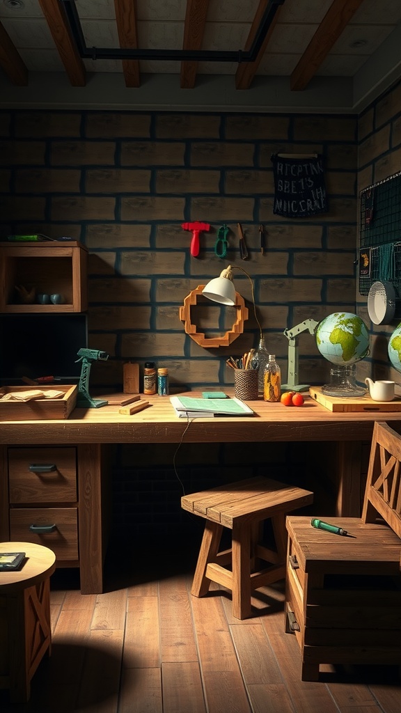 A cozy Minecraft-themed desk setup with wooden furniture, tools, and a globe.