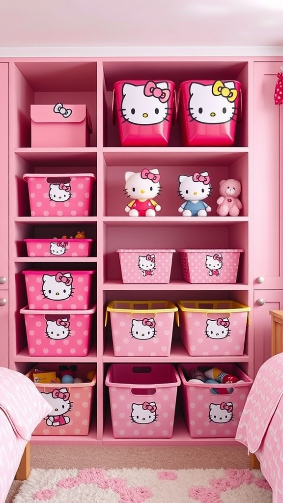 Colorful Hello Kitty storage bins on a shelf in a pink bedroom