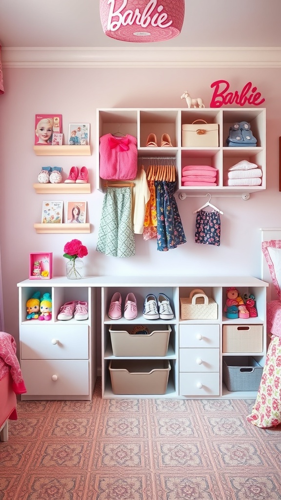 A colorful Barbie-themed bedroom with organized storage solutions, featuring a shelving unit and bins.