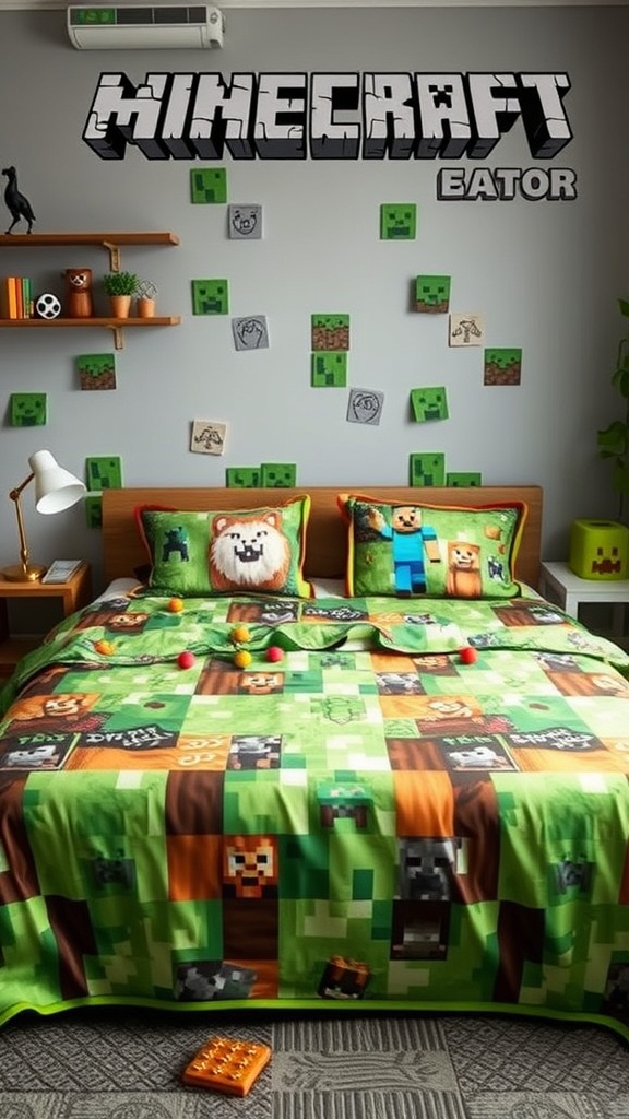 Minecraft-themed bedroom with a colorful bedspread featuring characters from the game.