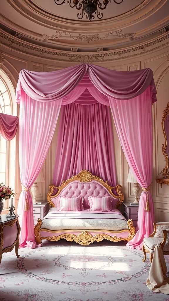 A luxurious pink canopy bed with golden accents and draped fabric in an elegant bedroom setting.
