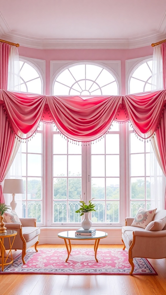 A bright living room with pink window treatments, large windows, and elegant furniture.