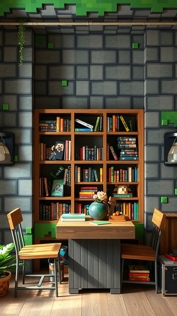 A cozy Minecraft-themed reading nook featuring a bookshelf filled with colorful books, a wooden table, and green accent walls.