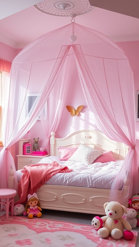 A pink-themed bedroom featuring a fairy tale canopy bed with soft fabric draping, plush toys, and a cozy atmosphere.