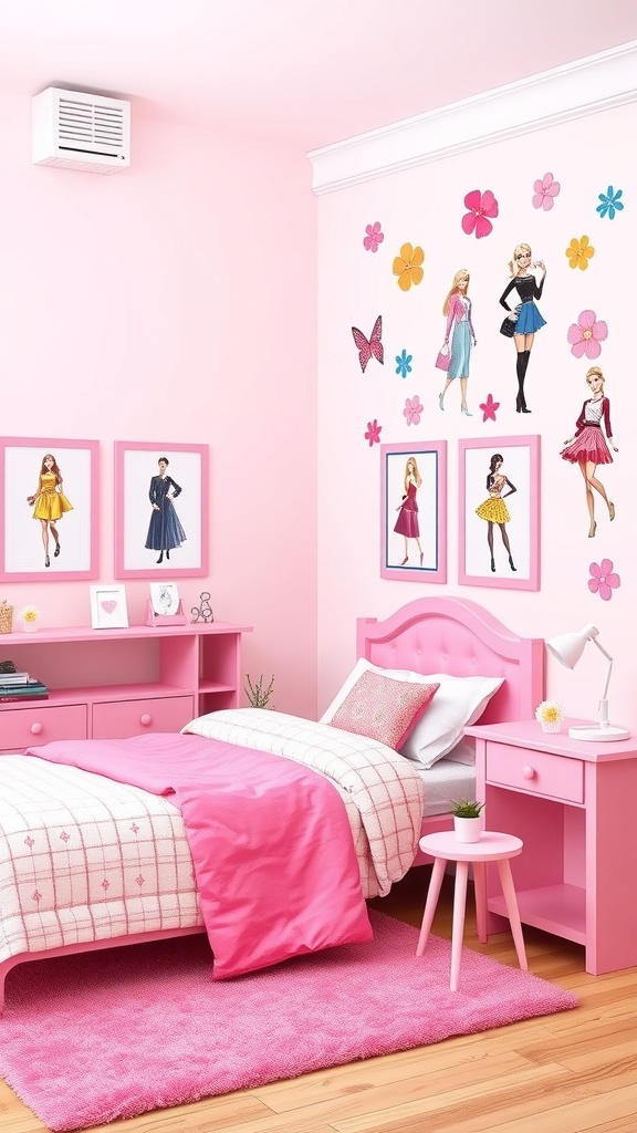 A pink Barbie-themed bedroom featuring framed illustrations of Barbie in fashionable outfits, colorful wall decorations, and matching pink furniture.