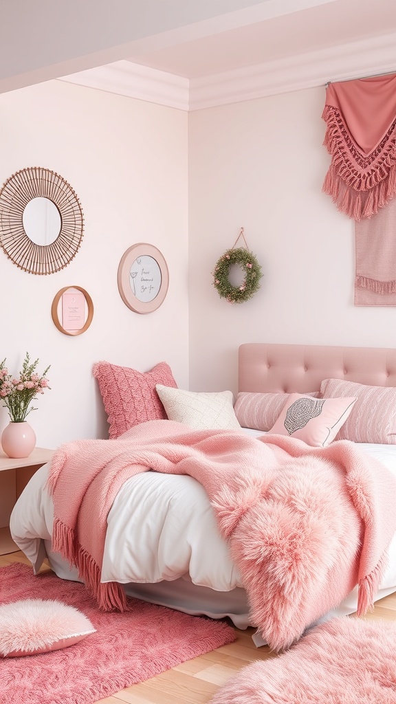 A cozy pink bedroom featuring a fluffy pink blanket, textured pillows, and charming wall decor.