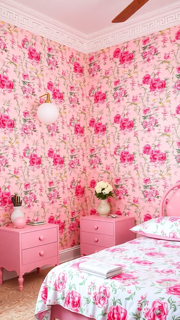 A pink bedroom with floral wallpaper, matching furniture, and a modern light fixture.