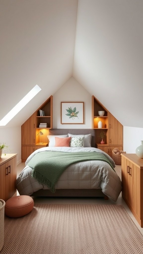Cozy attic bedroom with built-in storage and warm color palette