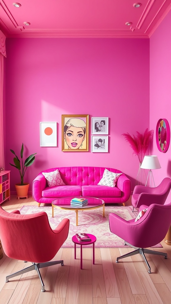 A vibrant Barbie-themed living room featuring pink walls, a plush pink sofa, stylish armchairs, and colorful artwork.