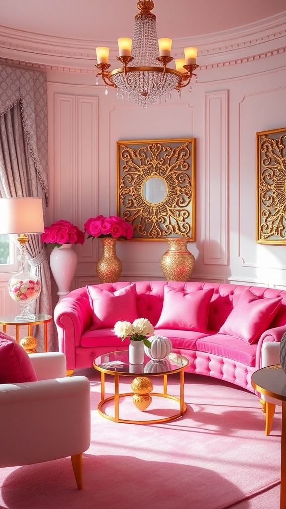 A glamorous Barbie-themed living room with pink furniture, golden accents, and floral decorations.