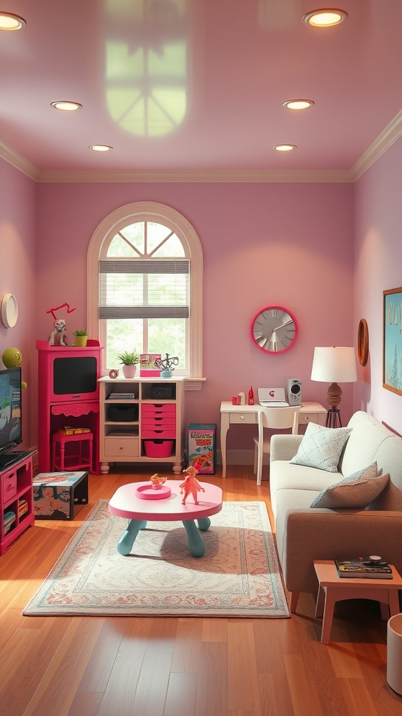 A colorful Barbie living room featuring pink walls, a cozy sofa, and playful furniture.