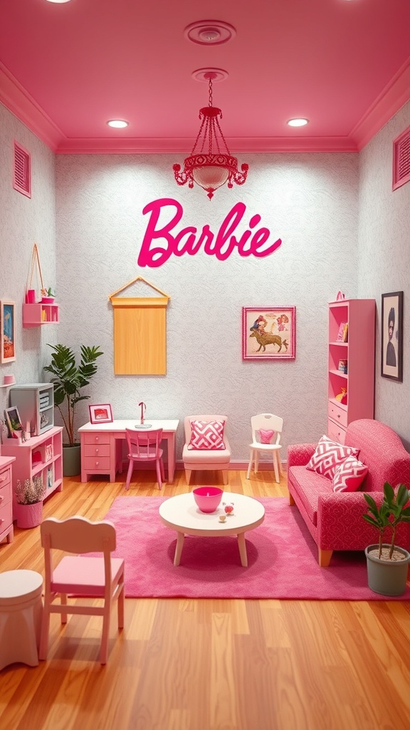 A vibrant pink Barbie-themed bedroom with a cozy sofa, a coffee table, and a small desk, featuring playful decor and a cheerful atmosphere.