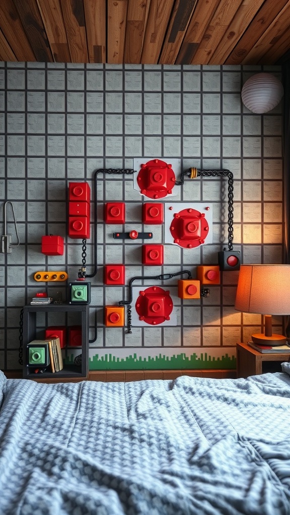 A Minecraft-themed interactive wall with redstone components in a cozy bedroom.