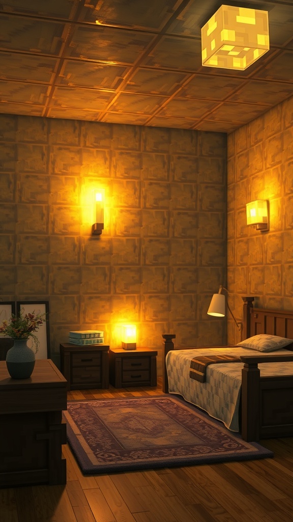 A cozy Minecraft bedroom featuring glowstone lighting, wooden furniture, and warm tones.