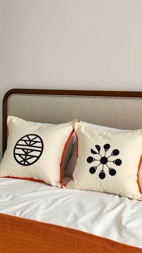 Accent pillows featuring black symbols on cream fabric with orange trim