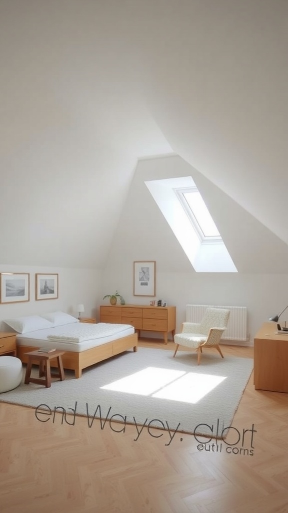 Minimalist attic bedroom with neutral tones, wooden furniture, and natural light.