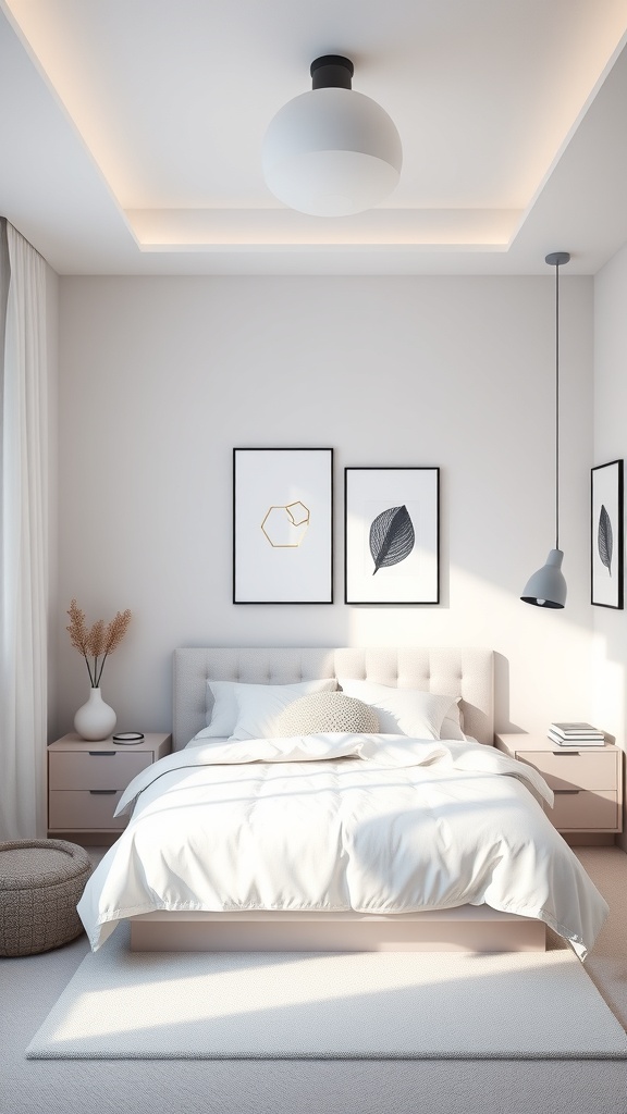 A minimalist modern bedroom featuring a bed with white bedding, framed artwork on the walls, and soft lighting.