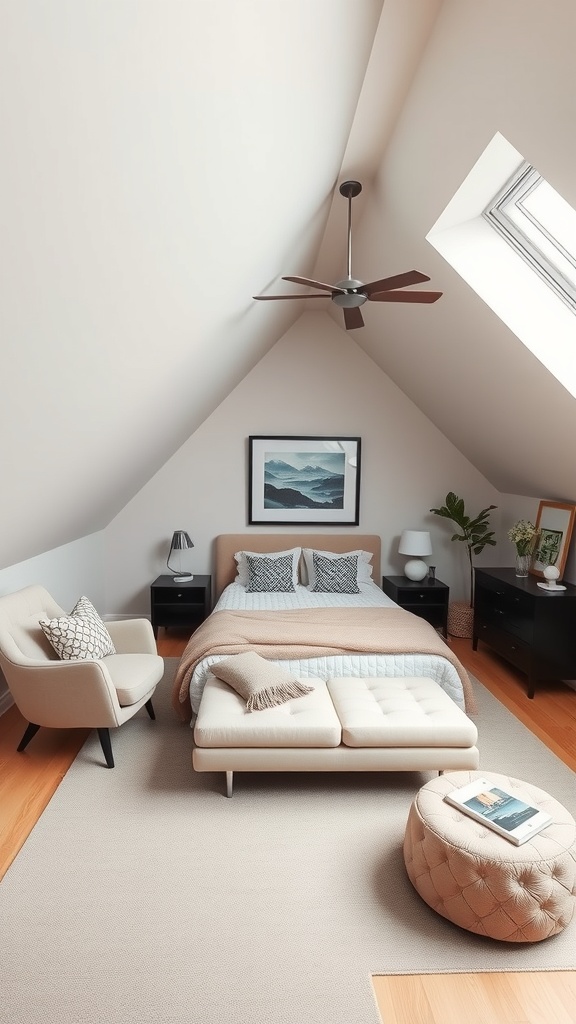 A modern attic bedroom featuring a sloped ceiling, cozy bed, stylish armchair, and natural light from a skylight.