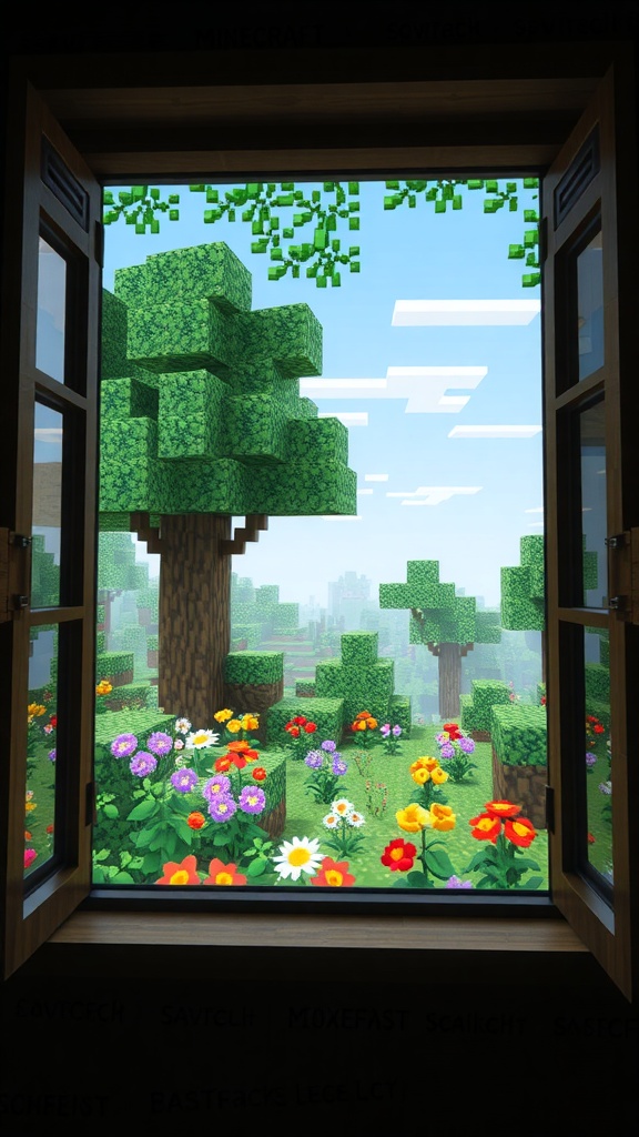 A Minecraft-inspired view from a window showing pixelated trees and colorful flowers in a garden.