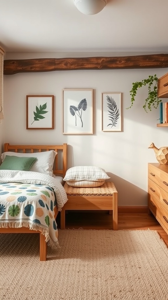 A cozy teen bedroom with wooden furniture, leafy wall art, and a warm blanket.