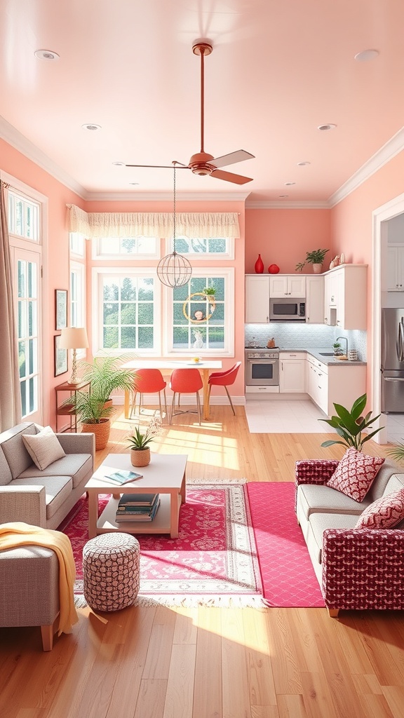 A bright and cheerful open concept living room featuring a pink ceiling, cozy furniture, and a dining area with orange chairs.