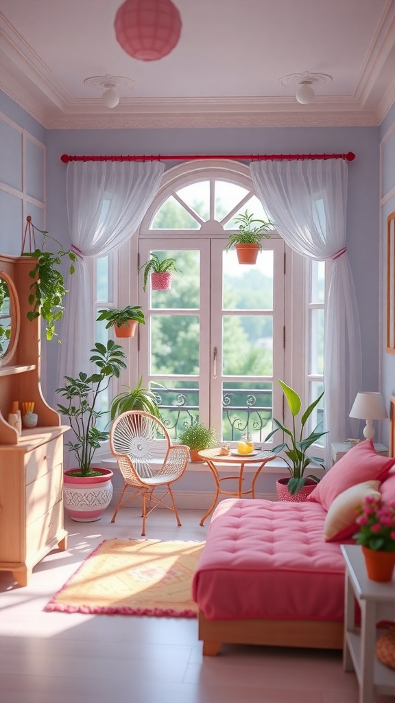A cozy bedroom with a pink couch, plants, and large windows, creating an outdoor-inspired atmosphere.