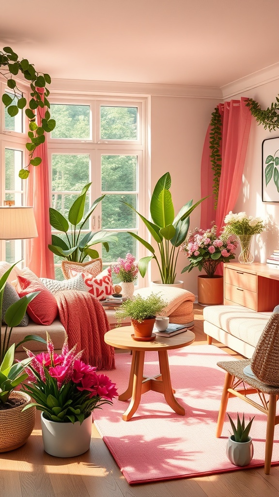 A bright and inviting living room with plants, colorful cushions, and natural light.