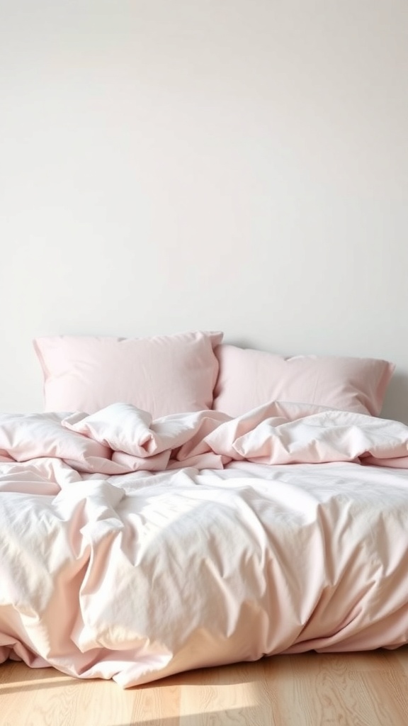 Cozy bed with pastel pink bedding and pillows