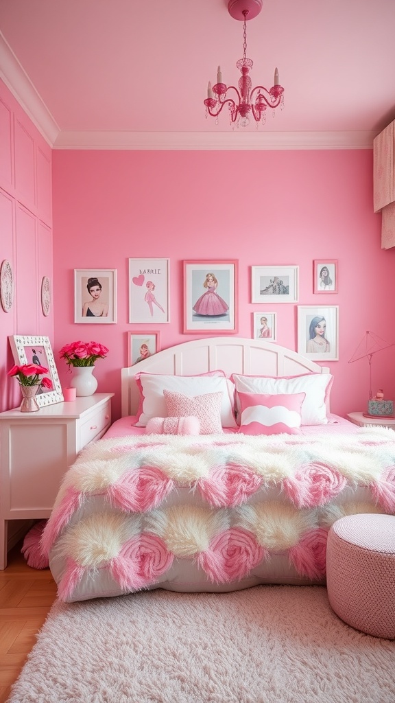 A pastel pink bedroom featuring a fluffy comforter, decorative pillows, and framed artwork on the walls.
