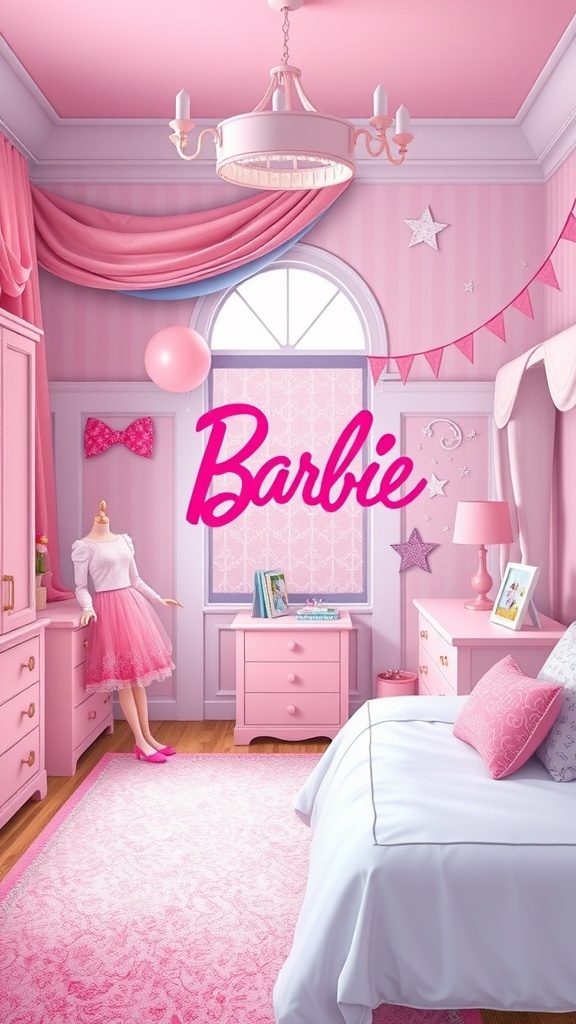 A pink Barbie-themed bedroom with personalized artwork and decor.