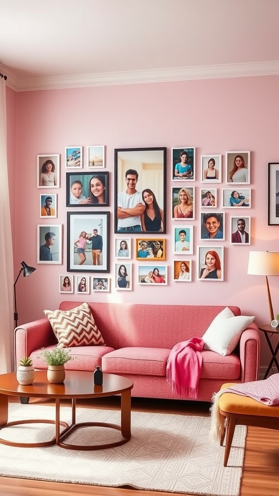 A cozy living room featuring a personalized photo gallery on a pink wall, with a pink sofa and a coffee table.