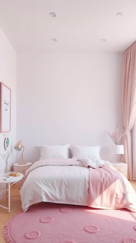 A cozy pink and white bedroom featuring soft bedding, a pink rug, and white furniture.