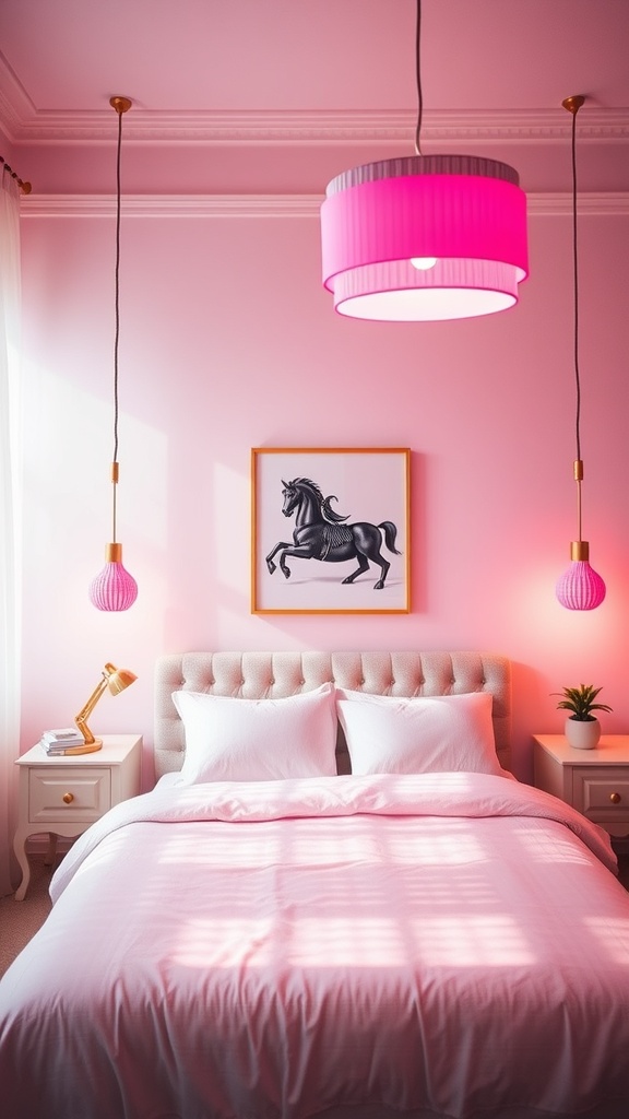 A pink bedroom featuring pink lighting fixtures, a cozy bed, and a horse artwork on the wall.