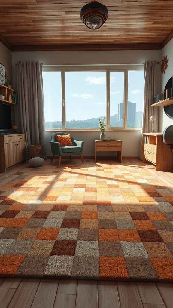 A cozy bedroom featuring a pixelated rug in warm colors, with a view of the outdoors through large windows.