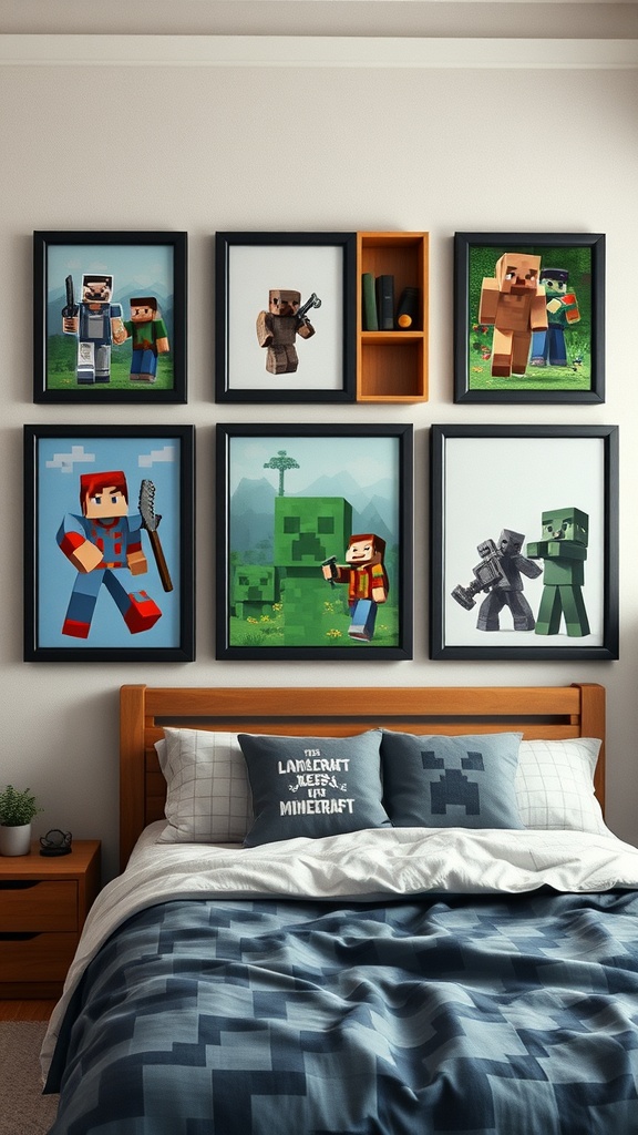 A Minecraft-themed bedroom featuring a pixelated wall art gallery with framed images of characters and creatures from the game.