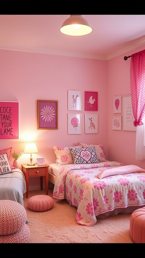 A cozy pink bedroom with playful art and prints on the walls, featuring floral bedding and a warm atmosphere.