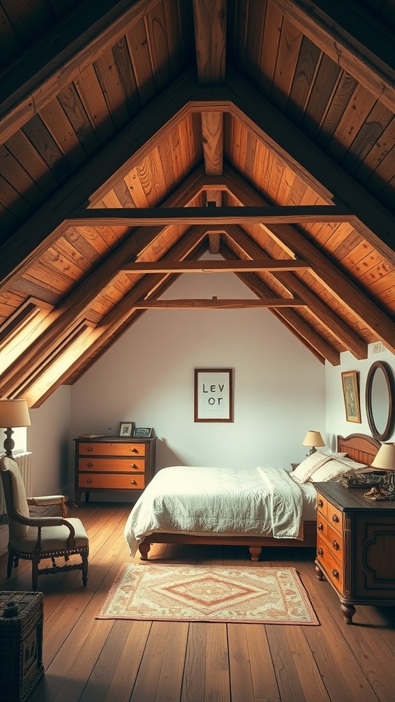 Cozy attic bedroom with exposed wooden beams, wooden furniture, and a warm color palette.
