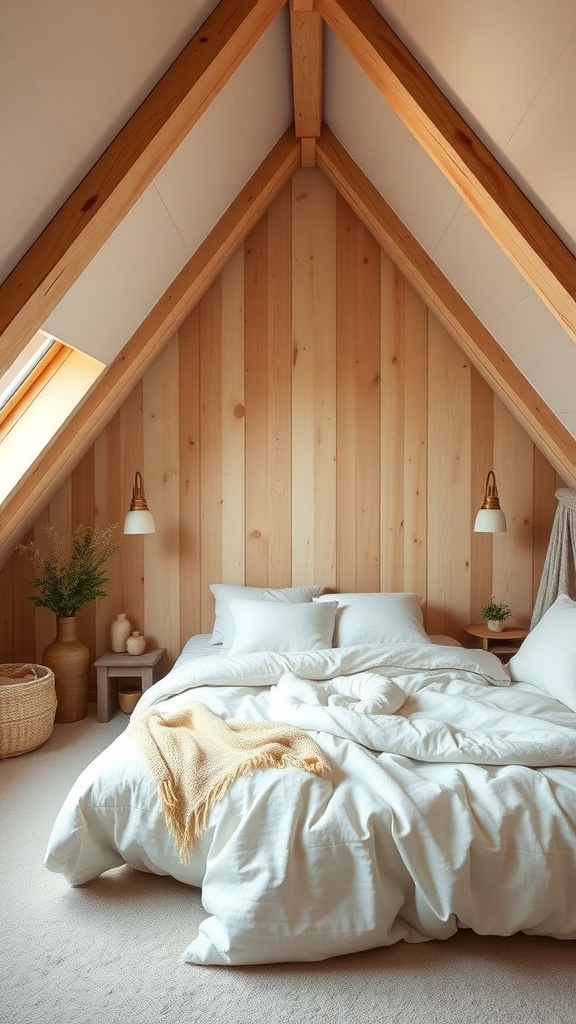Cozy attic bedroom with wooden walls and soft white bedding