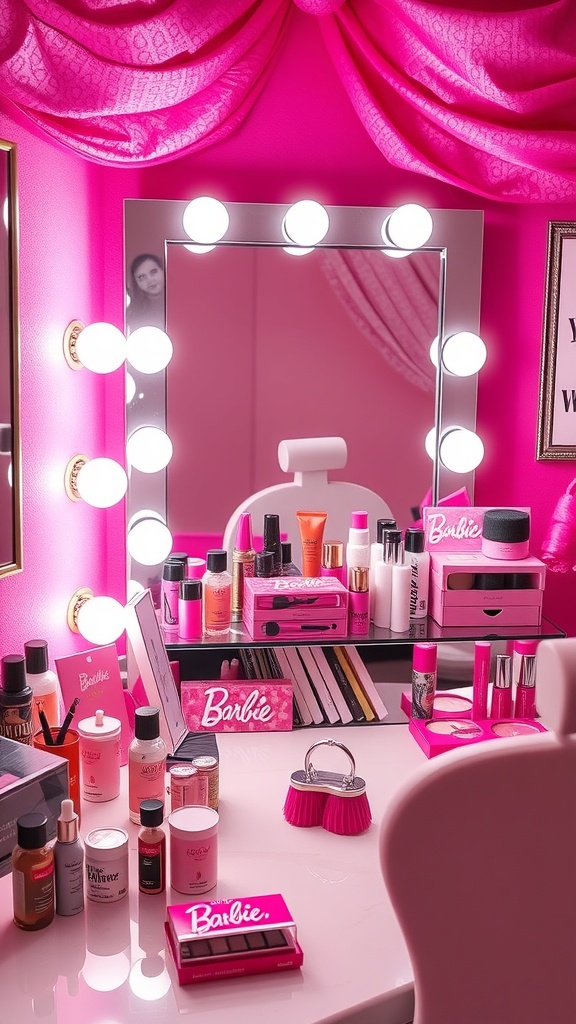 A vibrant pink vanity station with a mirror, bright lights, and various beauty products arranged neatly.