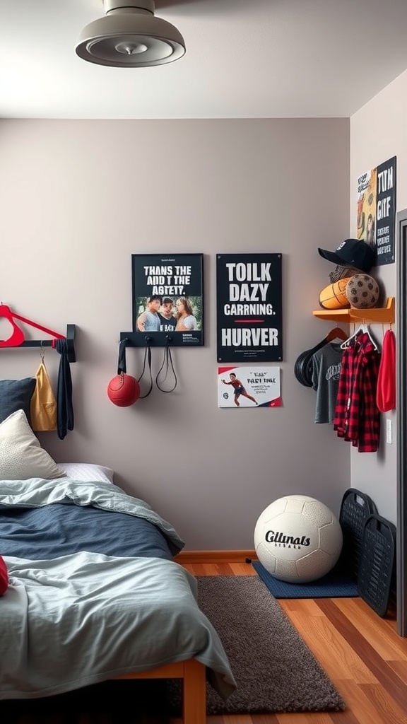A sporty teen girl's bedroom with motivational posters, sports equipment, and organized storage.