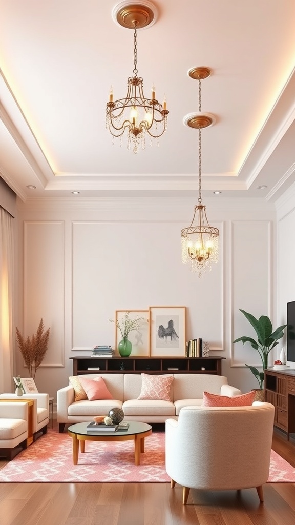 Stylish living room with chandeliers and modern decor