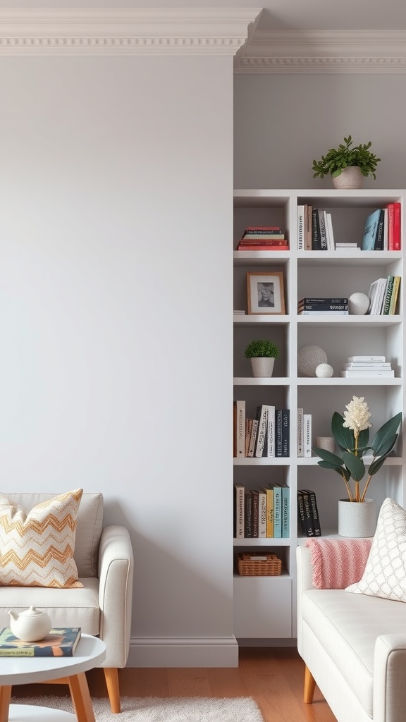 Stylish shelving units in a Barbie-themed living room, featuring books, decor, and plants.