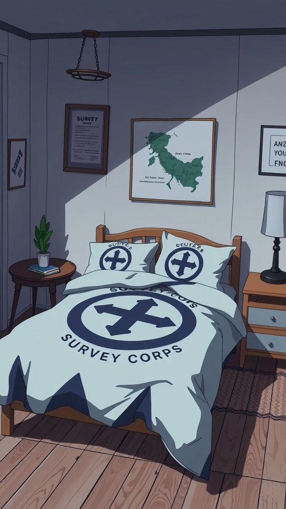 A bedroom featuring a Survey Corps bedding set from Attack on Titan, with a wooden bed, decorative pillows, and a cozy atmosphere.