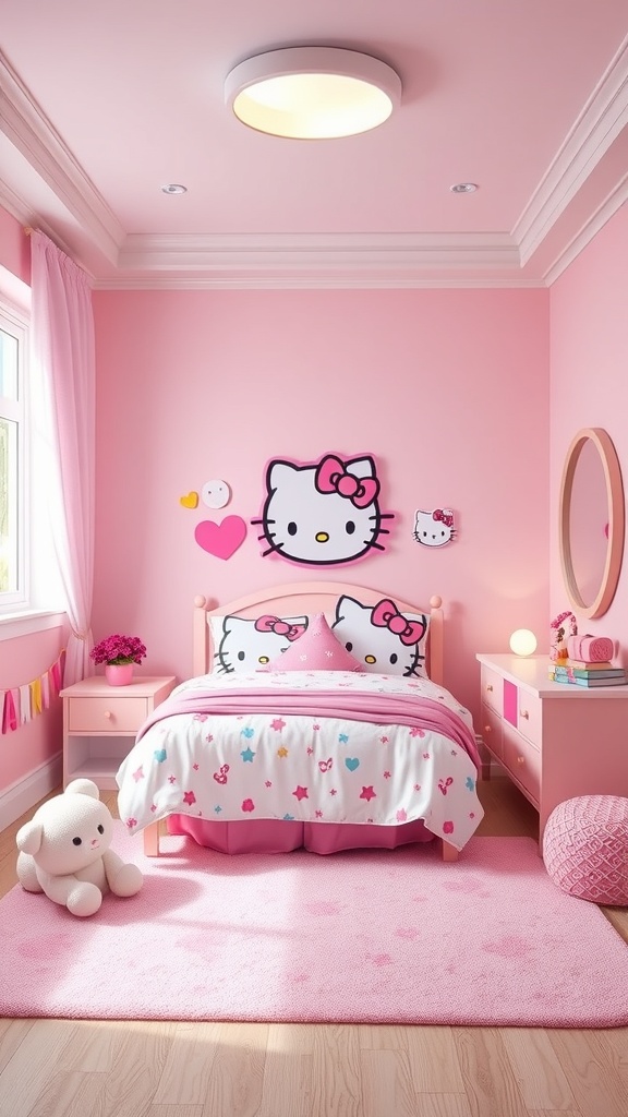 A Hello Kitty themed bedroom with pink walls, Hello Kitty bedding, and playful decorations.