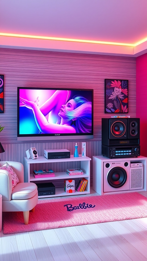A vibrant Barbie-themed living room featuring a flat-screen TV, sound system, and colorful decor.