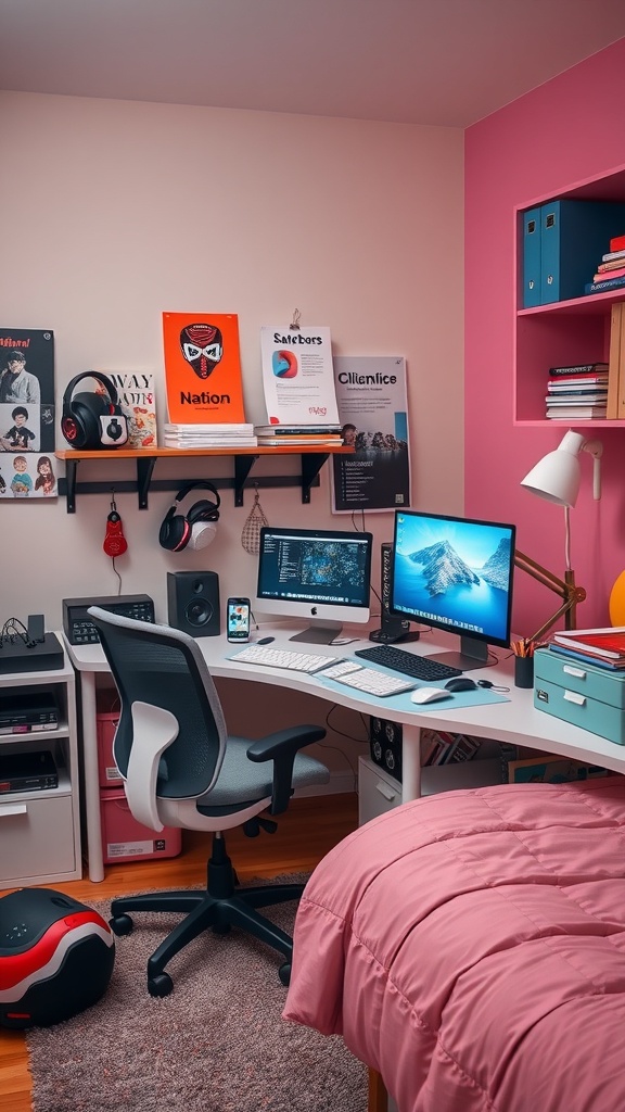 A tech-savvy study space featuring dual monitors, a comfortable chair, and colorful decor in a teen girl's bedroom.