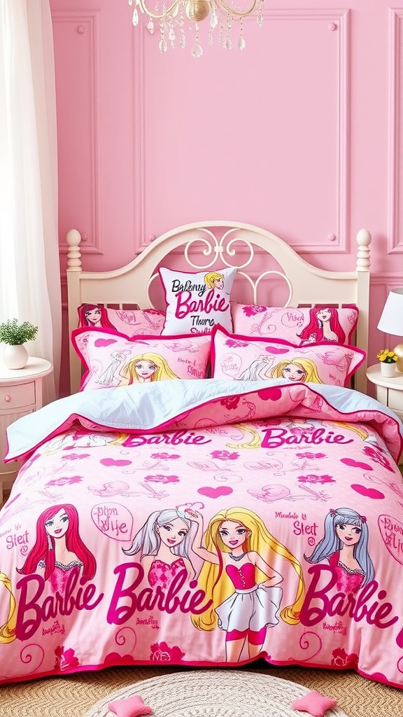 Barbie-themed bedding set with pink colors and character designs