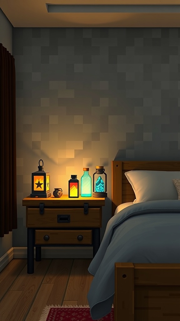 A cozy Minecraft-themed bedroom nightstand with lanterns and colorful bottles.