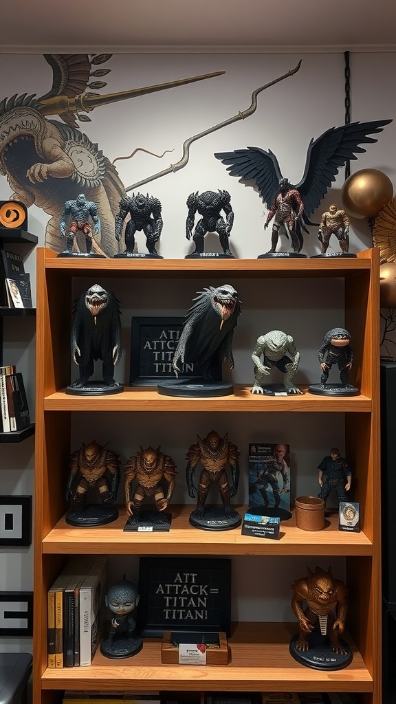 A shelf displaying various Attack on Titan figurines with a mural in the background.